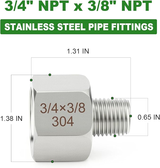 TAISHER 5PCS 304 Stainless Steel Pipe Fitting, New Reducer Adapter, 3/8" NPT Male x 3/4" NPT Female, Reducing Pipe Adapter Fitting