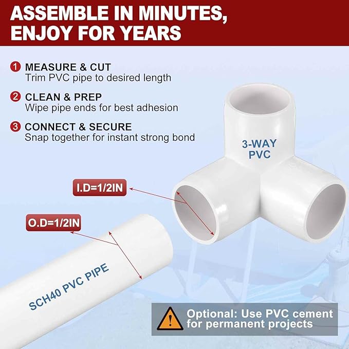 12Pcs 1/2" Elbow PVC Fitting, SCH40 3-Way Tee Furniture Grade PVC Pipe Fitting, DIY Corner Elbow Connector for Building Furniture, Greenhouse Frame Connection, Socket x Socket