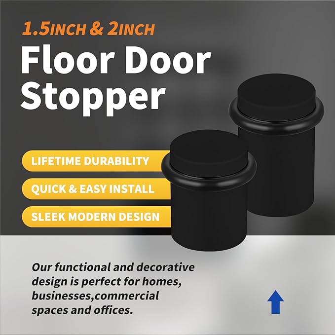 Floor Door Stopper Door Stop-Classy Solid Steel Modern Heavy Duty Door Stoppers -Floor Mount Anchor Screw-Wall Protector for Commercial Door(Black, 2.0 Inch)