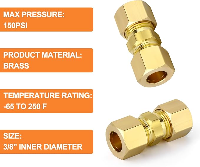 GASHER 20PCS Brass Compression Tube Pipe Fitting Connector, 3/8" Tube OD x 3/8" Tube OD Connector