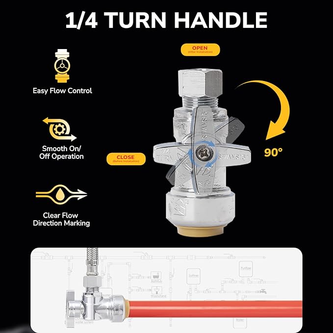 6 Pack Angle Stop Valve, 1/2" PTC x 3/8" OD Compression, Toilet Water Shut Off Valve for PEX, Copper, CPVC Pipe, Quarter-Turn Push to Connect Brass Plumbing Fitting with Disconnect Clip