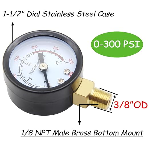 Pressure Gauge 0-300PSI 1-1/2" Dial Stainless Steel Case 1/8" NPT Male Brass Bottom Mount Include 1/2" NPT and 3/8" NPT Connector Universal Multifunctional