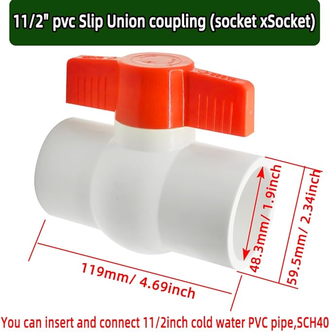 2Pack 1-1/2" PVC Ball Valve (Socket x Socket),Schedule 40, Cold Water Pipe 1.5 inch Shut-off Valve Socket for Water Supply Lines, Garden Irrigation & Pipe Fitting Systems,Red T-Handle.