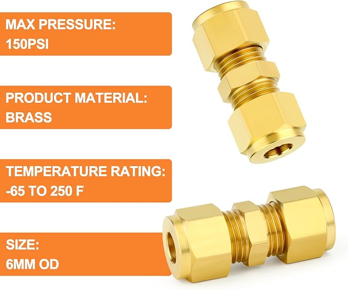 GASHER 10PCS Brass Compression Tube Pipe Fitting Connector, 6mm Tube OD Connector
