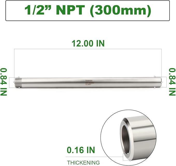 TAISHER 2PCS 304 Stainless Steel Pipe Fittings, 1/2" NPT Male Threaded, 12" Length Weld Nipple Cast Pipe