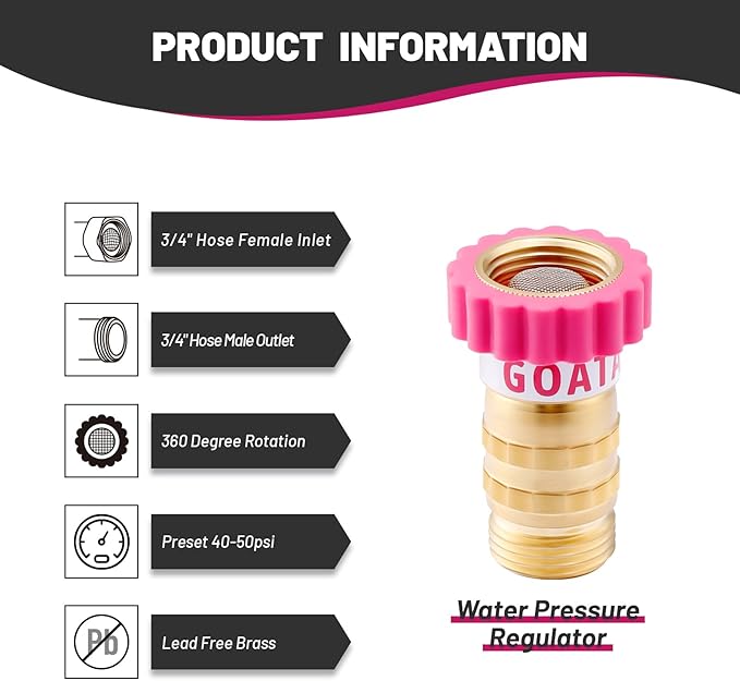 Water Pressure Regulator, Lead-Free Brass Pressure Reducer, 40-50psi, 3/4" Hose, with Screen Filter, for Camper Travel Trailer RV Plumbing System