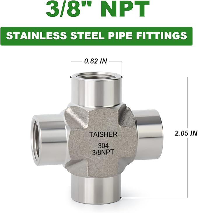 TAISHER 1PCS Forging of 304 Stainless Steel 4 Way Pipe Fittings, 3/8" x 3/8" x 3/8" x 3/8" NPT Female Pipe Fittings