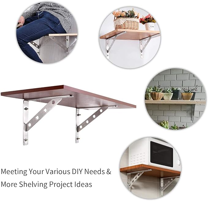 YUMORE Shelf Bracket 12", Stainless Steel Heavy Duty L Shaped Brackets Wall Mounted Floating Table Support with Hanging Holes Corner Brace 4mm Right Angle Joint Brackets, 2pcs, Max Load 400lbs