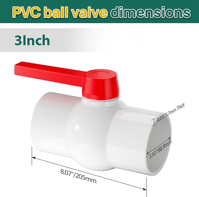 3" PVC Ball Valve, 1 Pcs Red Handle Shut-Off Valve for Cold Water Supply Lines and Outdoor Plumbing