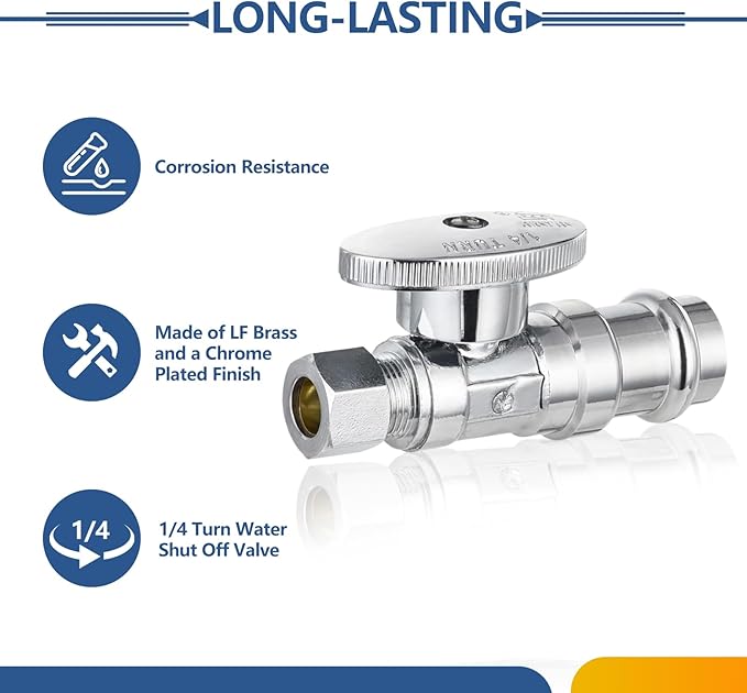 30-Pack GUOFIS Straight Stop Valve,1/2" Nominal Press Inlet x 3/8" OD Compression Outlet,1/4-Turn Shut-off Valve for Potable Water(Chrome Plated)(VALVE397-30Pack)