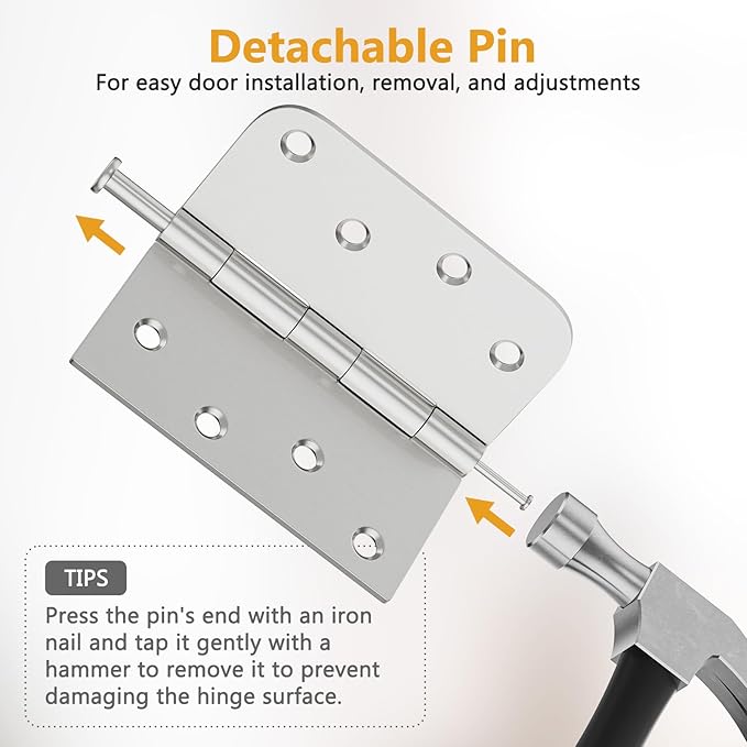 3 Pack Brushed Nickel Door Hinges 4 Inch, Exterior Door Hinges with Square & 5/8" Radius, Removable Pin, Perfect for Heavy-Duty Front & Back Door, Antirust & No Squeaks
