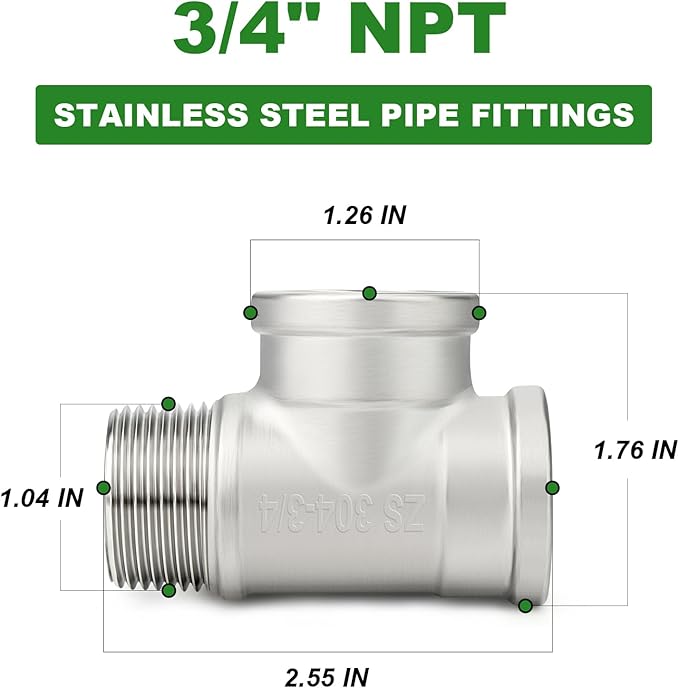 TAISHER 5PCS 304 Stainless Steel Tee Pipe Fittings, 3/4" NPT Female x 3/4" NPT Female x 3/4" NPT Male Pipe Fittings, Male Run Tee