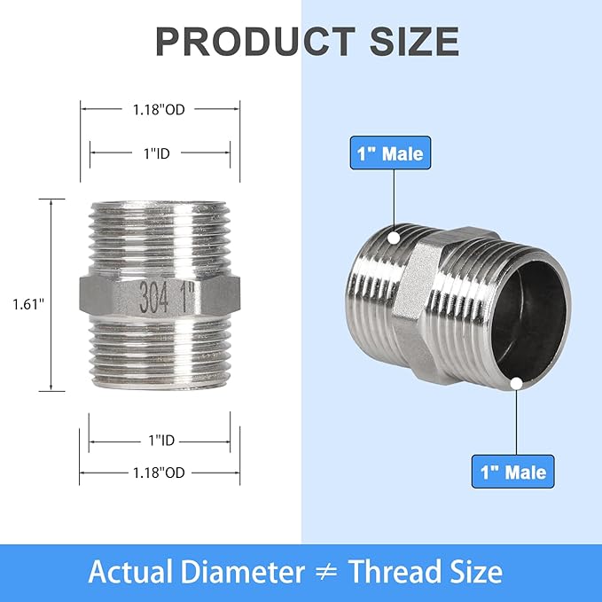 2Pcs 1" Male Hex Nipple Pipe Fittings, 304 Stainless Steel Threaded Adapter Fittings, 1 Inch Equal Nipples Connectors, Male Straight Threaded Pipe Fitting