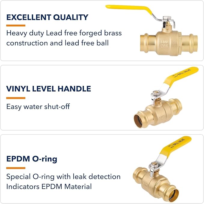1/2" Press propress Ball Valve with EPDM O-Ring 1/4-Turn Full Port Shut Off Stop Valve for Copper Tubing Connection LF Brass 10PCS
