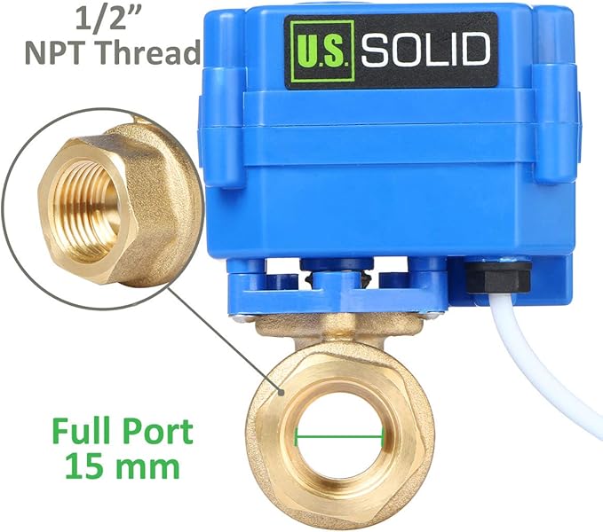 U.S. Solid Motorized Ball Valve- 1/2" Brass Ball Valve with Full Port, 9-24V AC/DC and 2 Wire Auto Return Setup