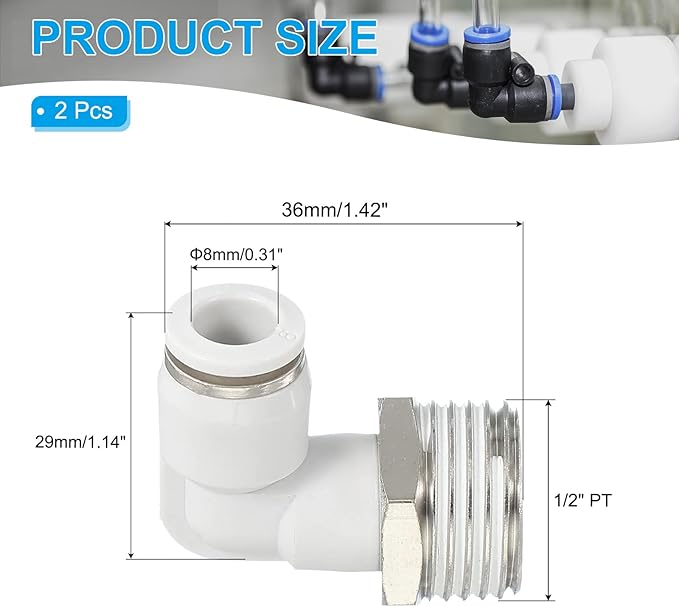 PATIKIL Push to Connect Fitting, 2 Pack Pneumatic Air Elbow Quick Connector 1/2"PT Male Thread x 8mm Tube 90 Degree Connect Tubing Elbow Air Tube Fitting Pneumatic Quick Adapter, White