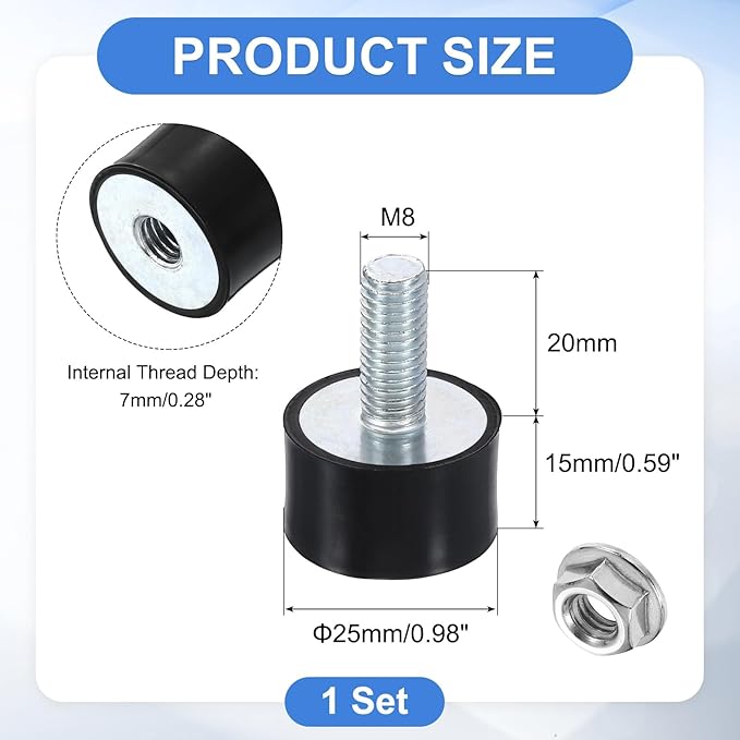 uxcell M8 Rubber Mounts, 1Pcs 25x15mm(DxH) Rubber Cylindrical Anti Vibration Isolator Shock Absorber with Lock Nut for Car Bobbin Generator Air Compressors