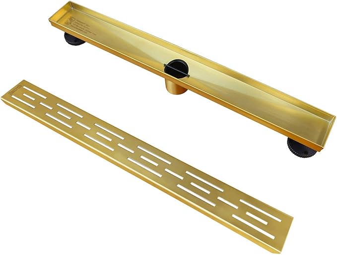 Neodrain 24-in Brushed Brass Rectangular Linear Shower Drain with Brick Pattern Grate, 304 Stainless Steel Bathroom Floor Drain, Gold Linear Drain with Hair Strainer,CUPC Certified