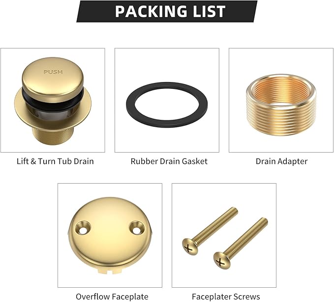 All Metal Tip-Toe Bathtub Drain Kit with Two-Hole Overflow Faceplate and Universal Fine/Coarse Thread Assembly, Bath Tub Drain Kit fits All Bathtub -Brushed Gold