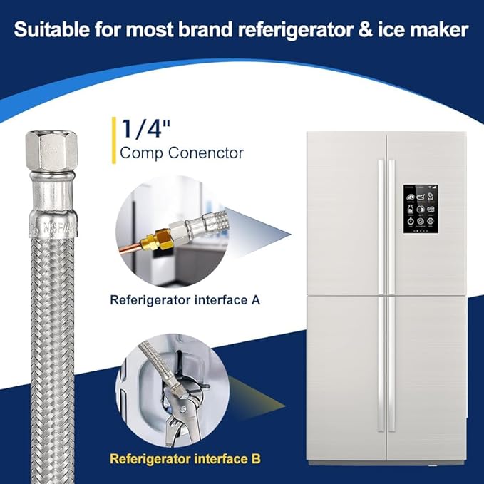 25ft Ice Maker Water Line Stainless Steel Braided – Flexible Refrigerator Water Supply Tube with 1/4" Quick Connect Fitting, Universal Fit