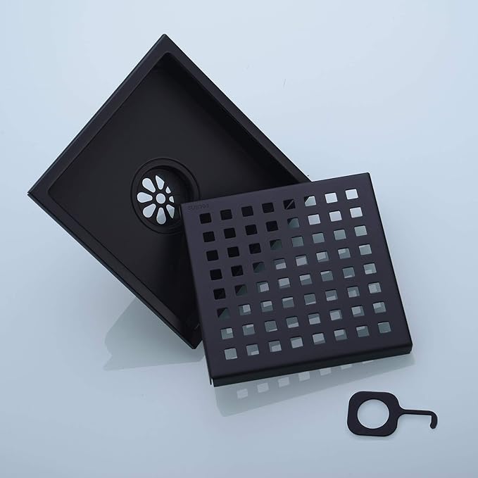 6 inch Stainless Steel Shower Floor Drain with Removable Grid Cover, Black