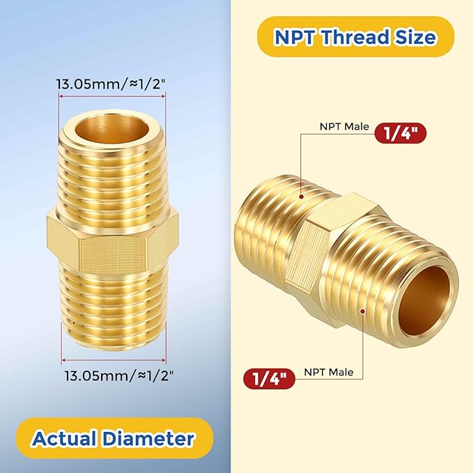 5 Pack Brass Pipe Fittings, 1/4" NPT Male to 1/4" NPT Male Brass Hex Nipple, Male Pipe Adapter Reducer for Air, Oil, LP