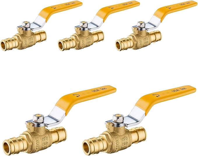 5-Pack Foskan 1/2" Brass PEX-A Ball Valve with Yellow Handle, Quarter Turn Full Port Valve for PEX-A Pipe Connection