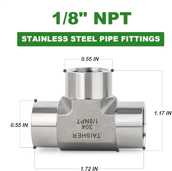 TAISHER 2PCS Forging of 304 Stainless Steel Tee Pipe Fittings, 1/8" x 1/8" x 1/8" NPT Female Pipe Fittings