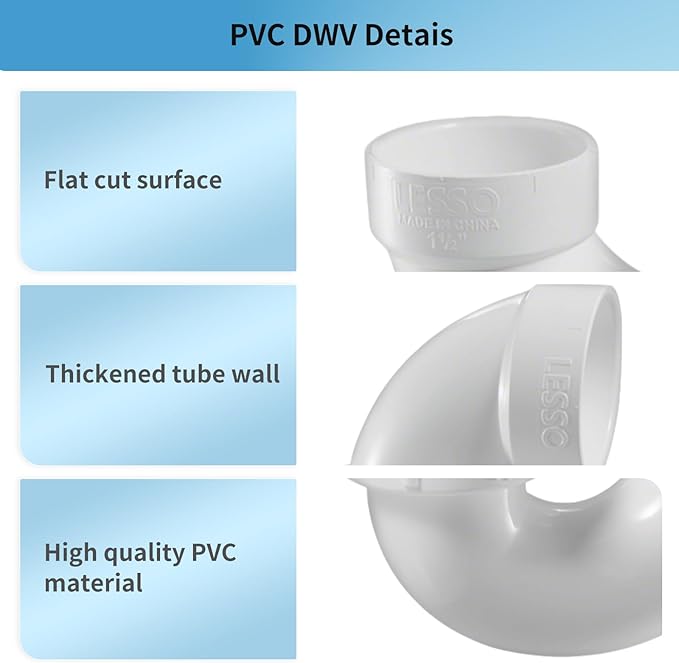 LESSO PVC P Trap 1 1/2 Inch, DWV PVC Fitting for RV Drain Bathroom Kitchen Sink Drain Pipe Tubular Kit with White Threaded Adapter Ring