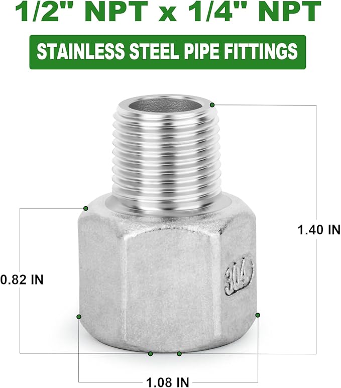 TAISHER 5PCS 304 Stainless Steel Pipe Fitting, Reducer Adapter, 1/4" Male NPTx 1/2" Female NPT