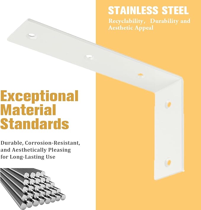 Alise Floating Shelf Brackets Heavy Duty L-Shaped Wall Brackets - White Angle Corner Braces for Shelves, Stainless Steel Reinforced Shelf Support Bracket for Wooden Boards 7x4.2 Inch,Pack of 4