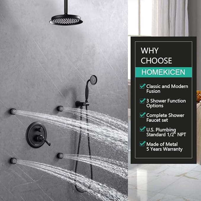 Homekice Antique Shower Faucet-Sets Complete Fixtures: 9 inch Ceiling Rain Head with Handheld Spray and Body Jets, 3 Way Diverter Brass Rough in Valve System Included Trim Kit, Matte Black