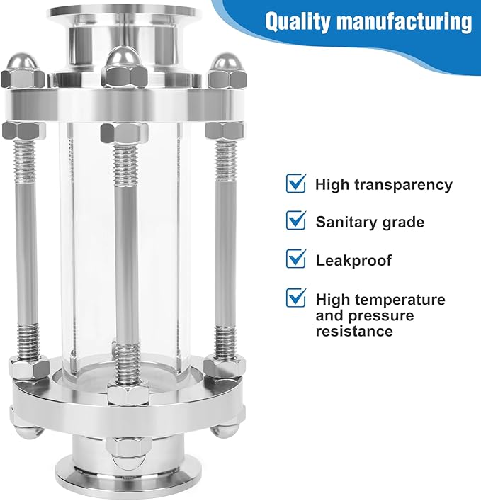 In-Line Sight Glass 1.5" Tri Clamp Flow Sanitary Straight Sight Glass Flow Pipe OD 38mm Stainless Steel Tri Clamp Type
