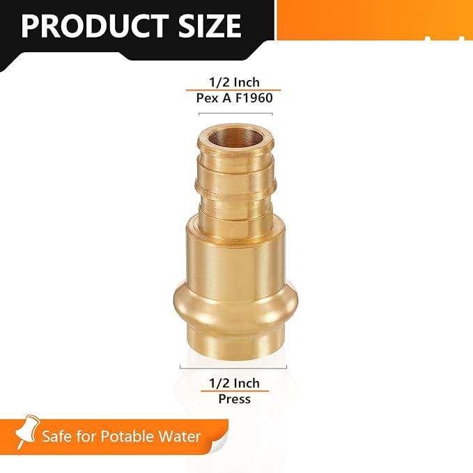 10-Pack HeSun Copper Press Fitting Adapter,1/2" PRESS X 1/2" PEX-A Expansion F1960 Coupling, LF Brass(PEX1960183-10)