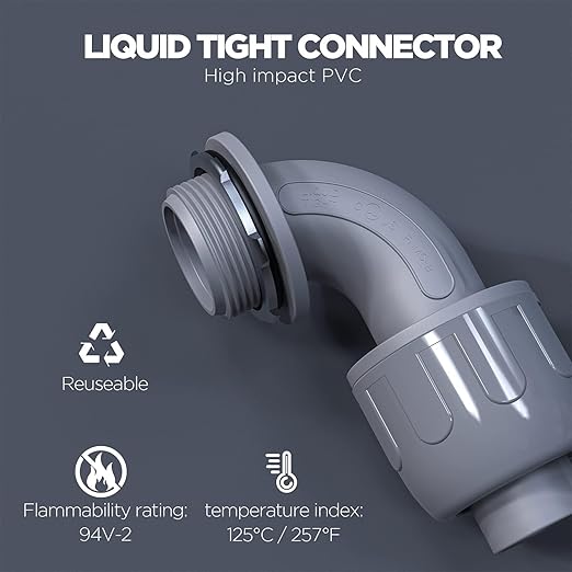 1/2-Inch Liquid Tight Connector 90-Degree, for PVC Electrical Flexible Conduit Fittings NPT Non-Metallic Connectors, for Home Outdoor Tubes Tools, UL Listed, Grey, 200-Pack