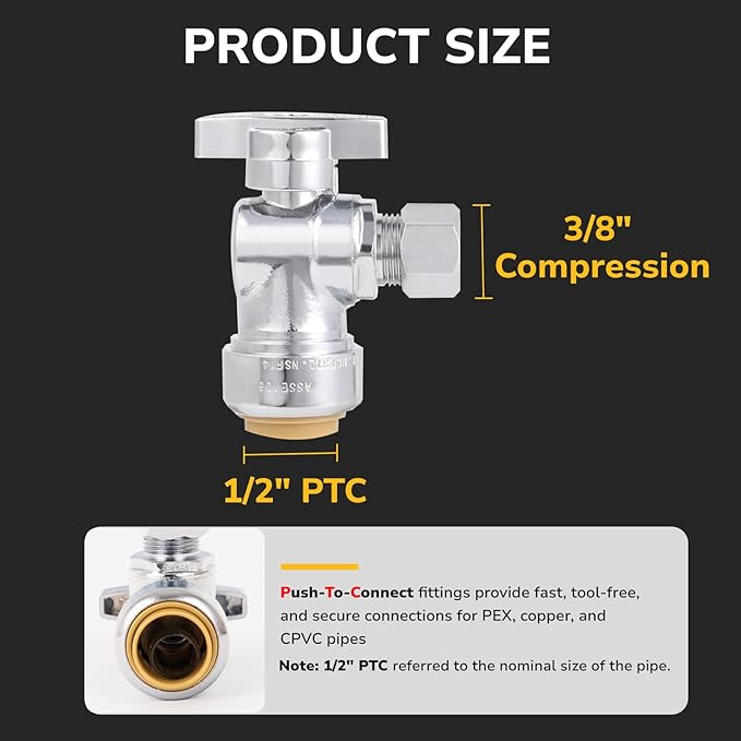 Angle Stop Valve, 1/2" PTC x 3/8" OD Compression, Toilet Water Shut Off Valve for PEX, Copper, CPVC Pipe, Quarter-Turn Push to Connect Brass Plumbing Fitting with Disconnect Clip, 4 Pack