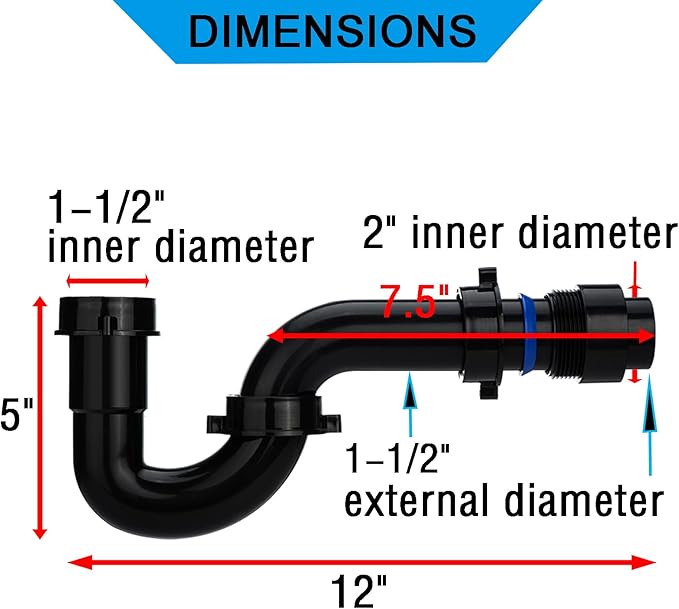 (1 Pack) Yariwiz Black P Trap 1 1/2 Inch for Bathroom Kitchen Sink Drain Pipe Tubular Kit with Black Threaded Adapter and Blue TPE Washer KSD-001B