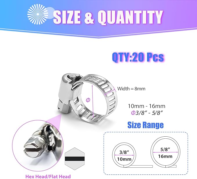 20 PCS Hose Clamp 3/8''–5/8'' Stainless Steel Hose Clamps Assortment Kit stainless steel hose clamps for Fuel Line, Plumbing, Automotive, Mechanical Applications, Tube, Garden