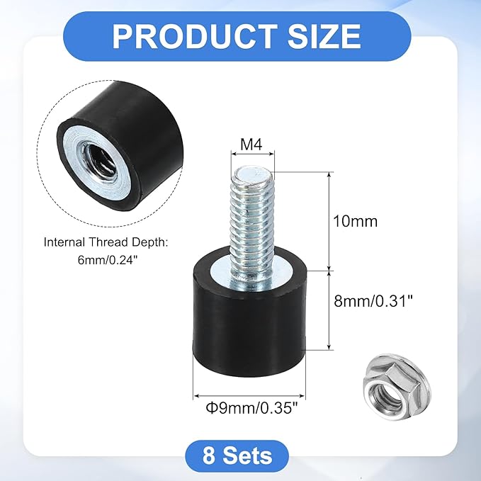 uxcell M4 Rubber Mounts, 8Pcs 10x8mm(DxH) Rubber Cylindrical Anti Vibration Isolator Shock Absorber with Lock Nut for Car Bobbin Generator Air Compressors