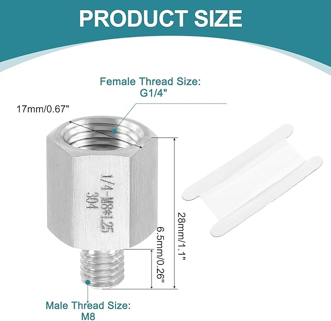uxcell Pipe Fitting Reducing Adapter, M8 Male x G1/4" Female 304 Stainless Steel Reducer Connector for Water Oil Air Pressure Gauge, Silver