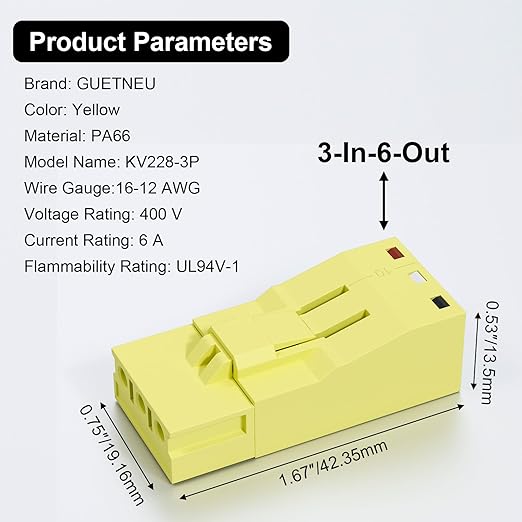 4Pcs Snap-on Quick Wire Connectors, 400V 6A 16-12 AWG, KV228-3P Connector for Luminaire Disconnect