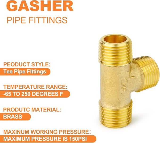 GASHER 10PCS Brass Male Tee Pipe Fitting T Adapter, 3 Way Brass Fitting 1/8" x 1/8" x 1/8" NPT T Fitting