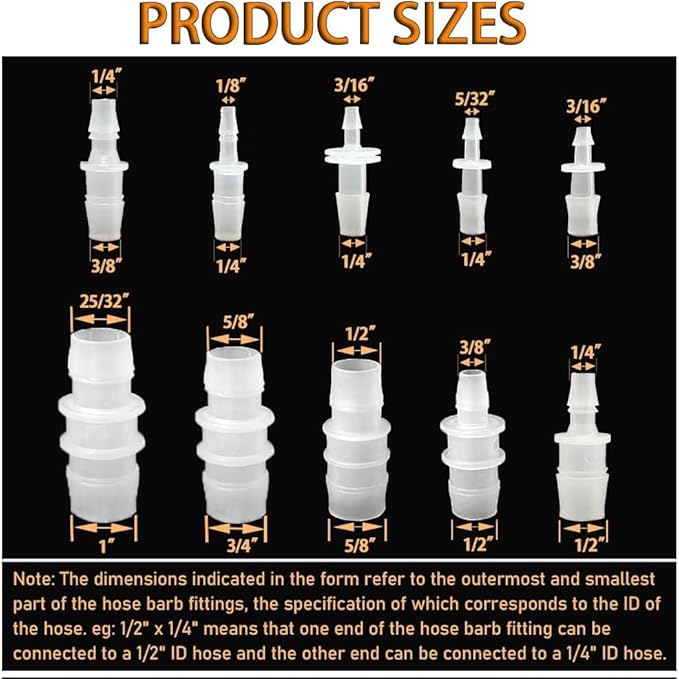 66Pcs Plastic Hose Barb Reducing Fittings Assortment, 10 Sizes of Barbed Reducer Hose Pipe Fitting Connector Adapter Union Splicer Joint for Air Gas Water Liquid Fuel Line Catheter Tube Pump Adapters