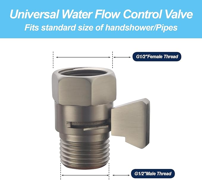 Brass Shut Off Valve, Shower Flow Control Valve, G1/2 Shower Water Pressure Regulator, Water Flow Control Valves for Handheld Shower Head, Brushed Nickel