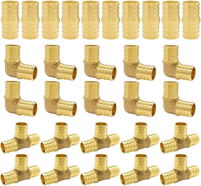 Hooshing 30PCS PEX Fittings Combo 3/4 Inch Straight Coupling(10) 90 Degree Elbow (10) PEX Tee (10) Brass Barb Crimp Pipe Plumbing Hose Fittings