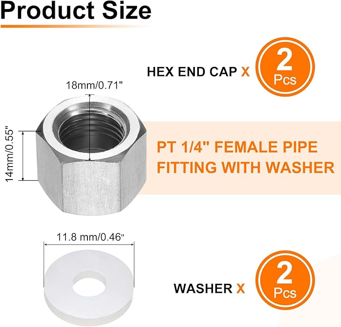 uxcell 2pcs Hex End Cap 304 Stainless Steel Nut with Washer, PT 1/4" Female Thread Pipe Fitting, Gas Line Water Line Stop Valve Cap Tubing Ends for Plumbing Fittings, Silver Tone