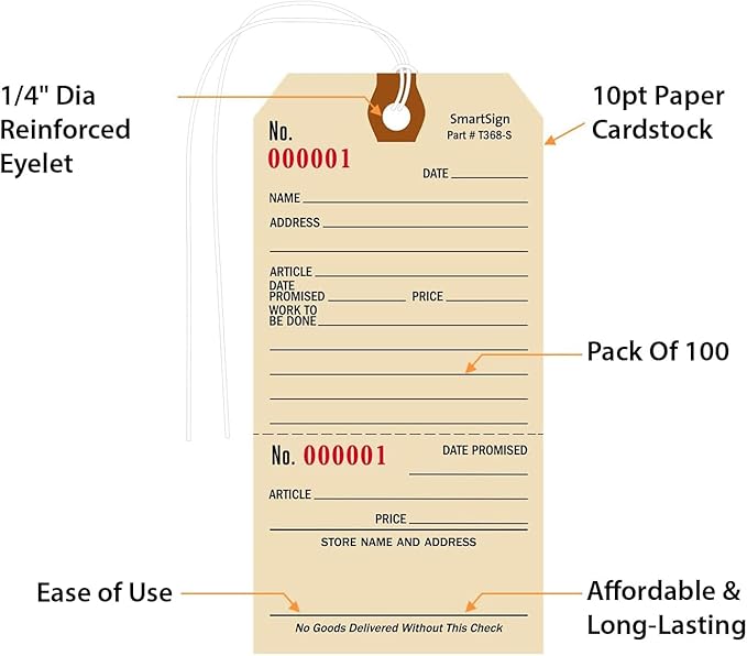 SmartSign (Pack of 100) 5.25 x 2.625 inch Numbered Repair Tags with Pre-Attached String and Stub (Size - 6), 10 Point Manila Cardstock