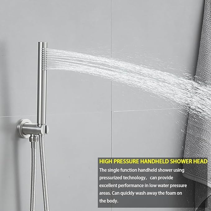 Brushed Nickel Ceiling Mount Round Rain Shower System with 16 Inch Shower Head and Handheld Bathroom Shower Set Contain Shower Faucet Trim Kit (Mixer Valve Included)