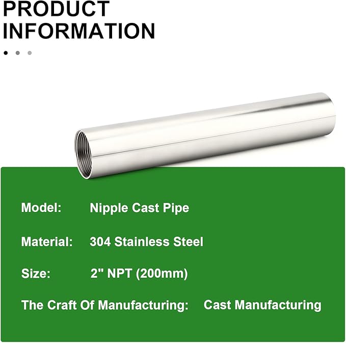 TAISHER 1PCS Stainless Steel Pipe Fittings, 2" NPT Female x 2" NPT Female Threaded, 8" Length Nipple Cast Pipe