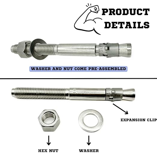 Wedge Anchors – Heavy-Duty 304 Stainless Steel Expansion Bolts for Concrete & Masonry, Rust-Resistant & Durable - 3/4" X 7-1/2" - 10 Pack